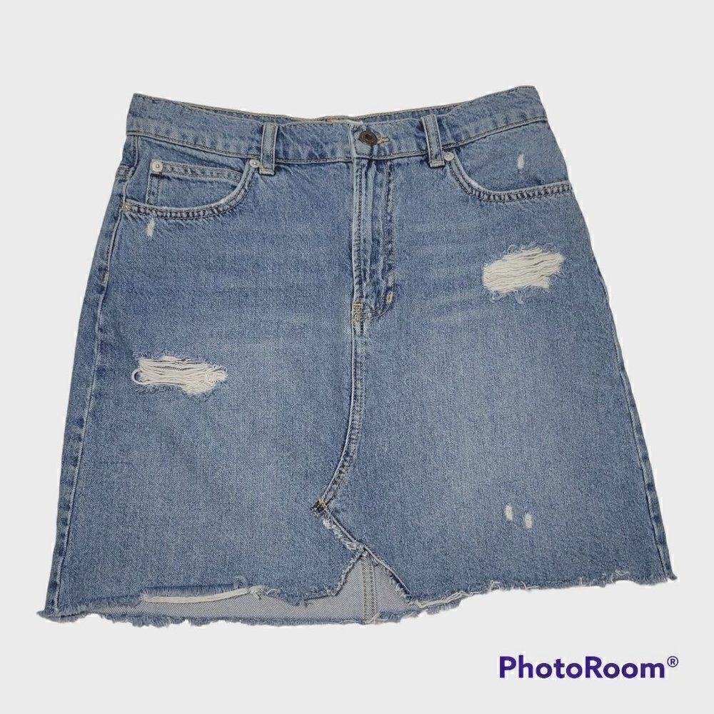 WE THE‎ FREE PEOPLE Short Skirt Womens Size 28 Blue Jean Denim Distressed Frayed